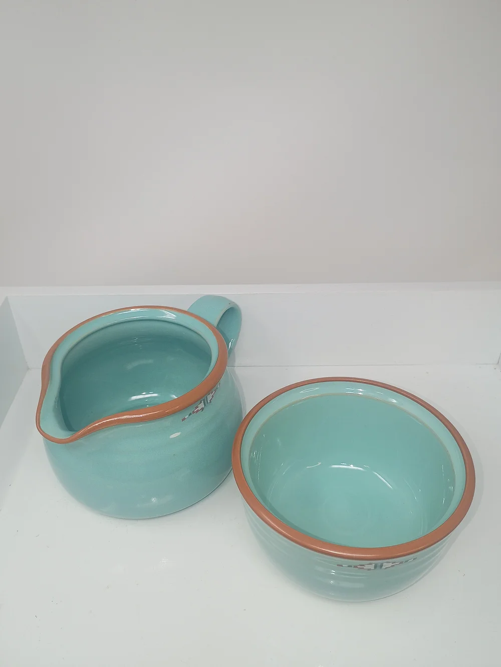 Noritake Boulder Ridge 8674 Aqua Stoneware Creamer & Open Sugar Bowl Set